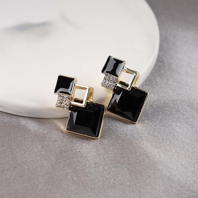 Vintage Crystal Square Drop Earrings Black Square Stud