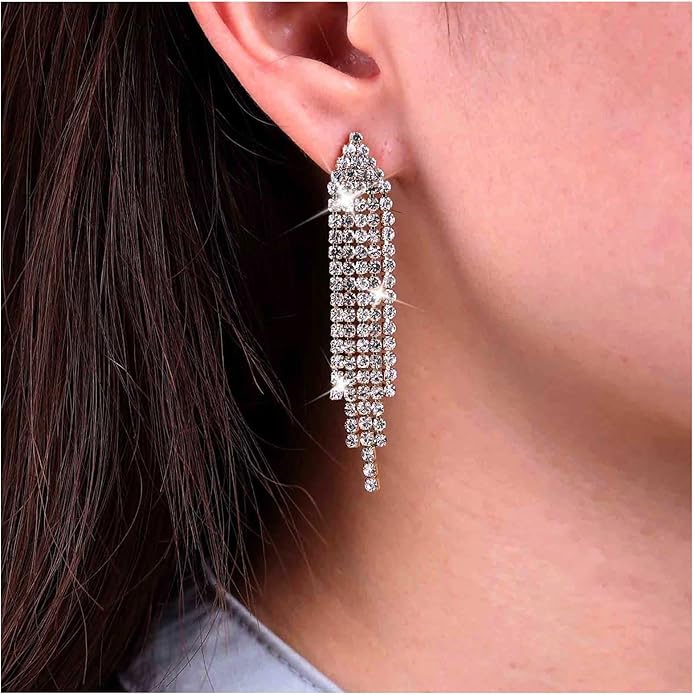 Vintage Rhinestone Chandelier Tassel Earrings Crystal Chain Drop