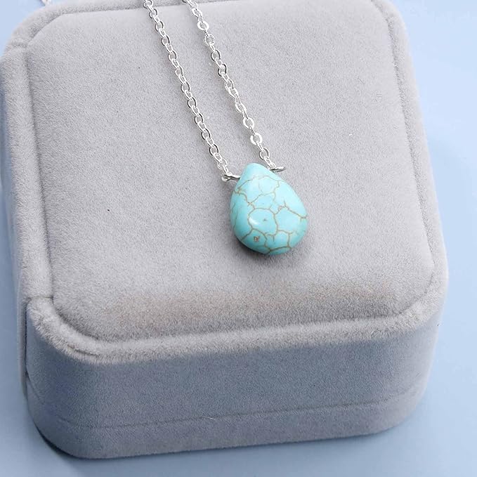 Boho Long Turquoise Necklace Silver Teardrop Turquoise Necklace