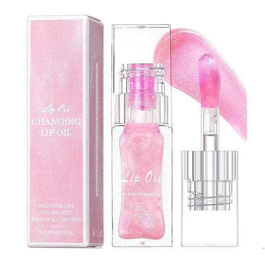 Color Changing Lip Oil PH,Warm Change Glitter Lip Gloss,Magic Big Brush Color Changing Lip Oil,Long Lasting Nourishing Lip Glow Oil Non-sticky Primer Lip Tint