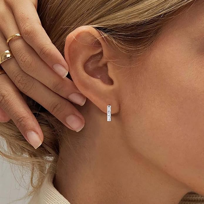 Geometric Crystal Bar Earrings Silver Cz Bar Stick