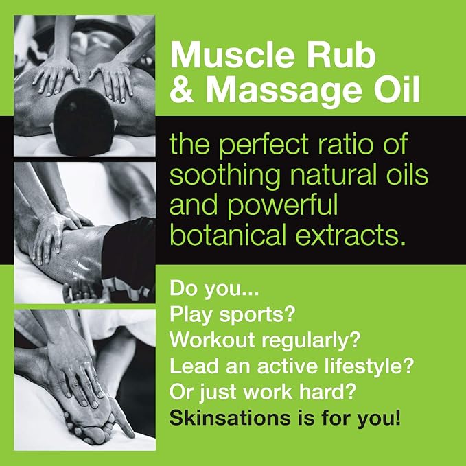 Skinsations – Hemp Massage Oil & Sore Muscle Rub | 100% Organic, 10 Essential Oils for Natural Relief, Arnica, Turmeric, Peppermint, Lavender in a Sweet Almond Oil and Hemp Seed Oil Base