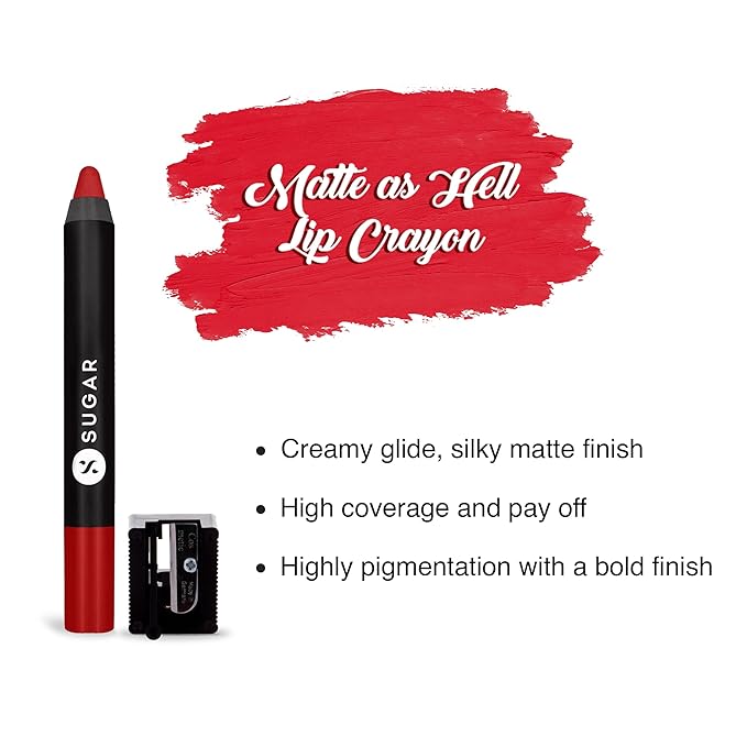 SUGAR Matte as Hell Crayon Lipsticks for Women | Lasts Upto 12hrs | Lip Crayon with Sharpener | 2.8gm - 01 Scarlett O'Hara