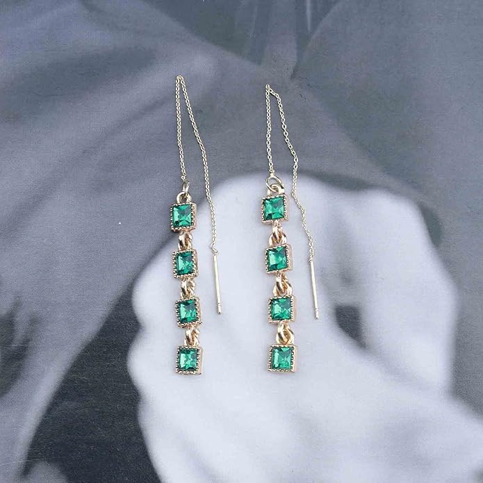 Vintage Crystal Emerald Threader Earrings Emerald Square Stud