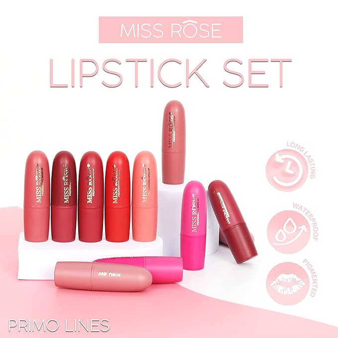 Miss Rose Matte Lipstick for Women, 12 Stunning Long Lasting Lipstick Shades, Waterproof, Highly-Pigmented, Hydrating, Smudge-Proof, Set for Makeup Lovers, Lipstick Set for All Occasions