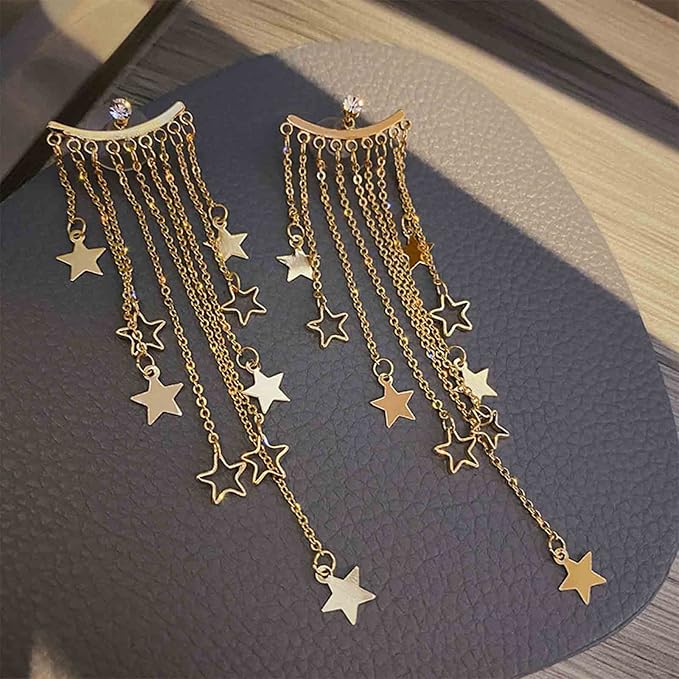 Boho Star Chain Tassel Earrings Gold Star Dangle
