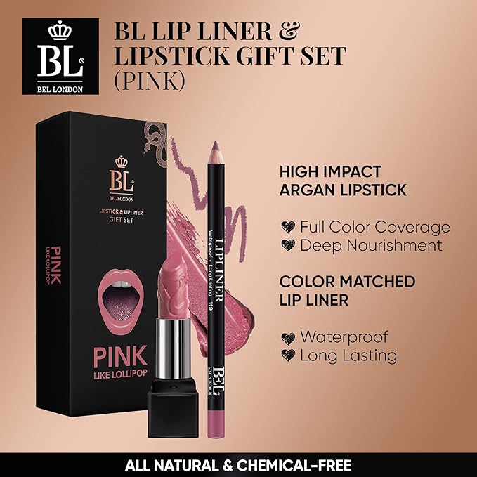 BL Color Matched Lip Liner & Lipstick Set (Pink) - Full-Coverage Argan Long Lasting Lipstick and Lip Liner Set With Natural Oils for Nourishment, Hydration, & Protection - Chemical-Free