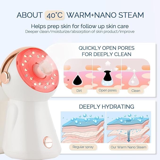 Facial Steamer,with 7 Colors Led Light,Face Steamer for Facial Deep Cleaning,Warm Mist Nano Ionic Steamer for Face Spa Kit,Face Humidifier,Facial Sauna Use at Home, Gift for Women(Rosegold with Light)