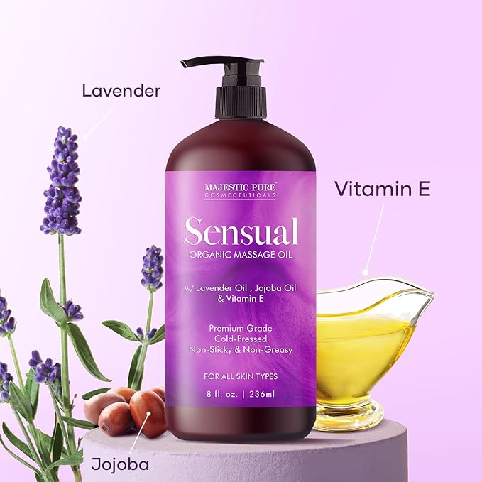 MAJESTIC PURE Organic Sensual Massage Oil for Couples - Relaxing Full Body Oil for Date Night with Vitamin E - Vegan Lavender Massage Oil for Massage Therapy Smooth Gliding Formula 8 Fl Oz