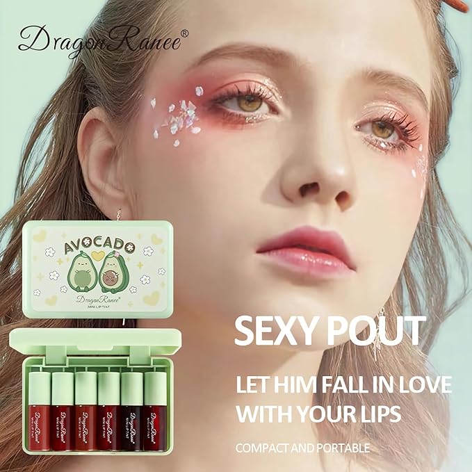 6 Colors Lip Tint Stain Set, Multi-Use Lip & Cheek Tint Korean Makeup Mini Liquid Lipstick, Avocado Moisturizing Lip Stain Lip Gloss