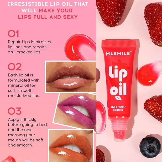 6PCS Fruit Flavored Lip Gloss Set,Long Lasting Moisturizing Nourishing Tinted Lip Oil,Soft Smooth Hydrating Lipstick Lip Gloss,Lip Treatment for Dry Cracked Lips Tinted Lip Balm