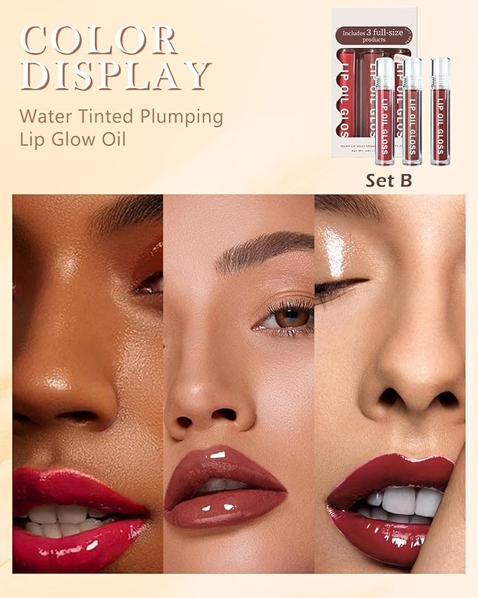 Hydrating Lip Tint Stain-3Pcs Tinted Plumping Lip Glow Oil, Moisturizing Water Lip Stain Makeup, Pigmented Non-Sticky Vegan Lip Gloss, Multi-Use Lip & Cheek Tint, Nude Glossy Finish,Cruelty Free-Set B