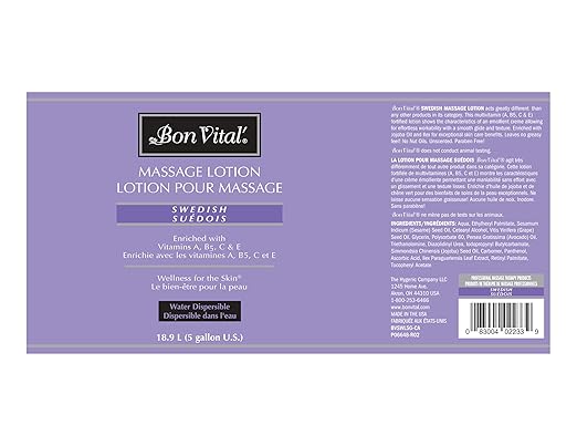 Bon Vital' Swedish Massage Lotion for Skin Tone Improvement, Dry Skin Repair, Increased Circulation, and Stress Relief, Great for Swedish and Sports Massages, 5 Gal, Label may Vary