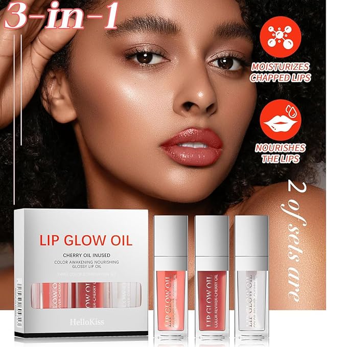 3 Set Lip Oil Hydrating Tinted Lip Gloss, Plump Lip Gloss Lip Care Transparent Toot Lip Oil Tinted, Glass Lip Glow Oil Fresh Texture & Non-sticky, Nourishing Repairing Lightening Lip- A
