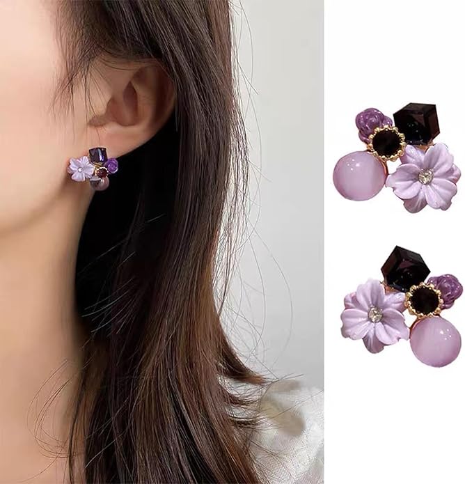 Boho Amethyst Flower Drop Earrings Vintage