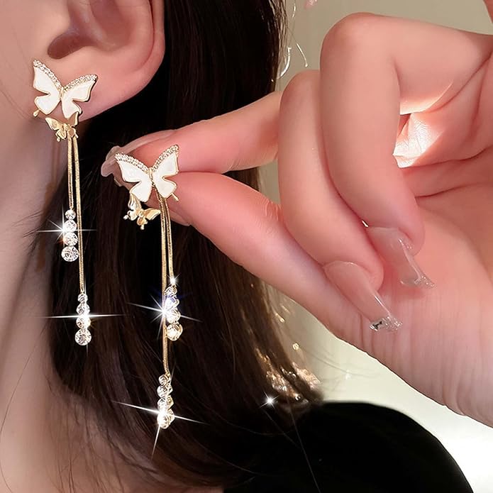 Vintage Crystal Butterfly Earrings Long Rhinestone