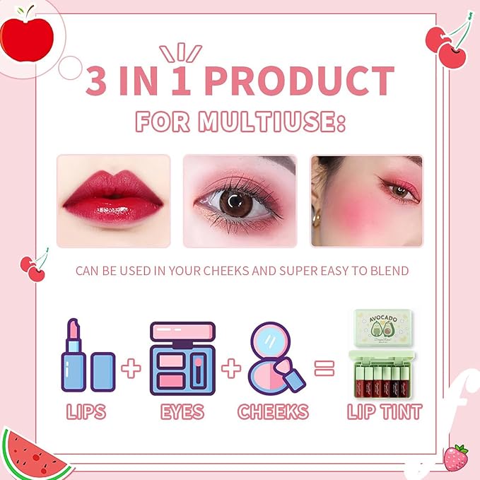 6 Colors Lip Tint Stain Set, Multi-Use Lip & Cheek Tint Korean Makeup Mini Liquid Lipstick, Avocado Moisturizing Lip Stain Lip Gloss
