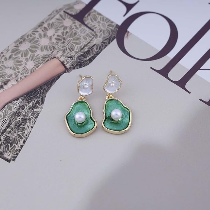 Vintage Lotus leaf Pearl Drop Earrings