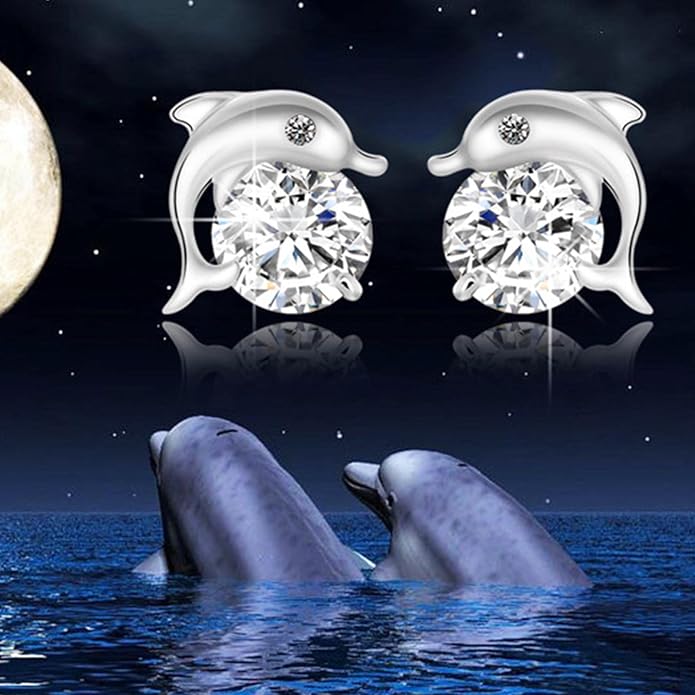Silver Dolphin CZ Earrings Cute Animal