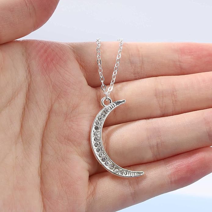 Boho Rhinestone Moon Necklace CZ Crescent