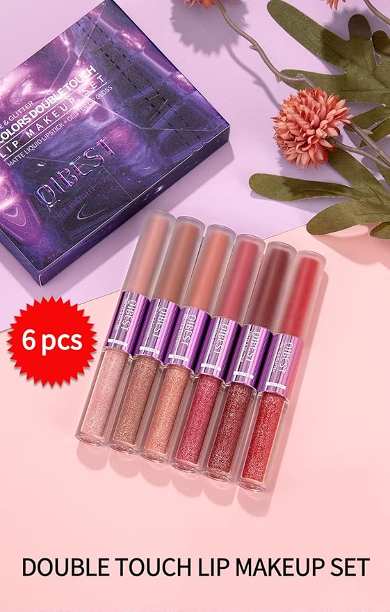 Double Head Lip Gloss Non Fading Lip Glaze Matte Mist Pearlescent Liquid Lipstick, 6-color suit