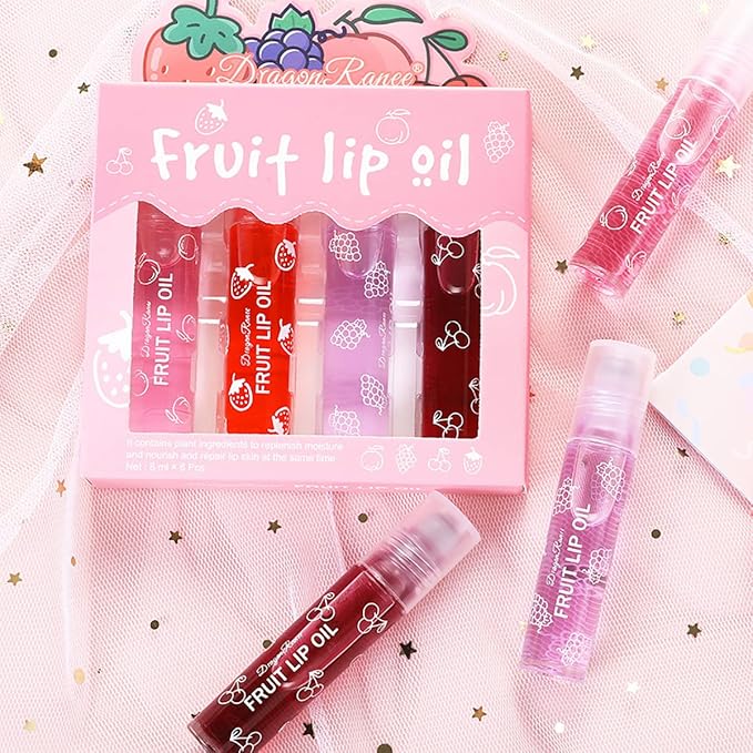 4 Pcs Fruit Roll-on Lip Gloss Set, Clear Lip Gloss Crystal Jelly Liquid Lipstick, Plumping Lip Oil Moisturizing Hydrating Non-Sticky, Nice Gift for Women Girl