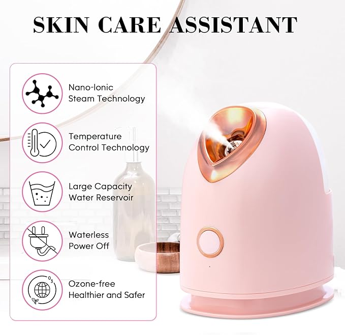 Face Steamer for Facial Deep Cleaning Unclogs Pores, Nano Ionic Warm Mist Humidifier Steamer for Face Home Sauna SPA, Bonus 4 Piece Stainless Steel Skin Kit, Gift for Women