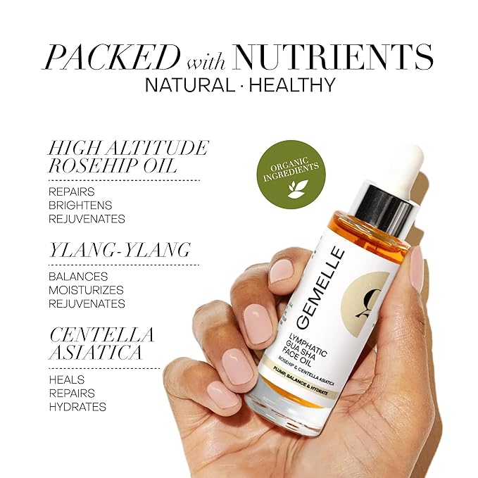 GEMELLE Lymphatic Gua Sha Face Oil | 6x Award Winner | Detox, Plump, Balance, Hydrate | High-Altitude Rosehip, Centella Asiatica & More! | Organic, Natural, Clean Beauty | Starter, Travel 15ml