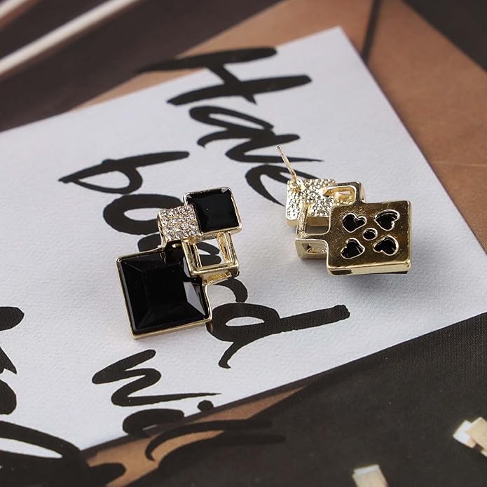 Vintage Crystal Square Drop Earrings Black Square Stud
