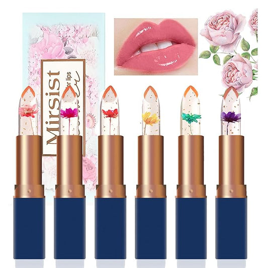 6Pcs Clear Magic Color Jelly Lipstick,Crystal Jelly Flower Color Changing Moisturizing Lip Gloss, Crystal Aloe Vera Lip Balm,Long Lasting PH Clear Temperature Lip Stick