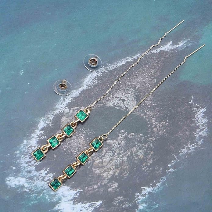 Vintage Emerald Crystal Threader Earrings Green Gem Drop