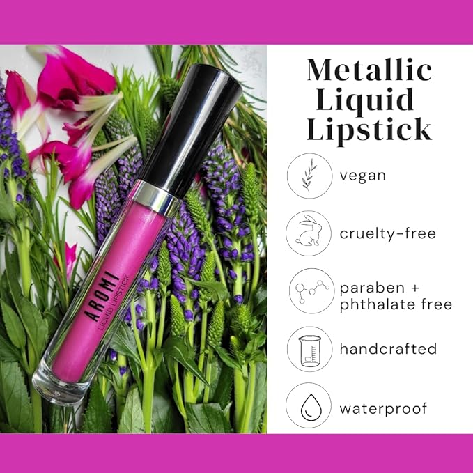 Aromi Metallic Liquid Lipstick | Long-Lasting, Waterproof, Lip Color with Shimmery Finish, Vegan, Cruelty-free, Gluten and Paraben Free, Made in USA, Handmade (Moody Magenta)