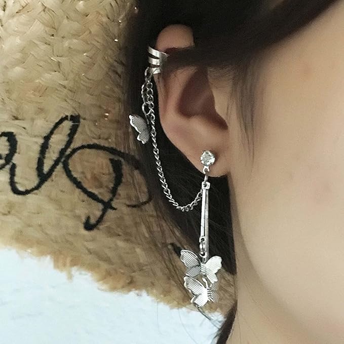 Silver Butterfly Chain Tassel Cuff Earrings