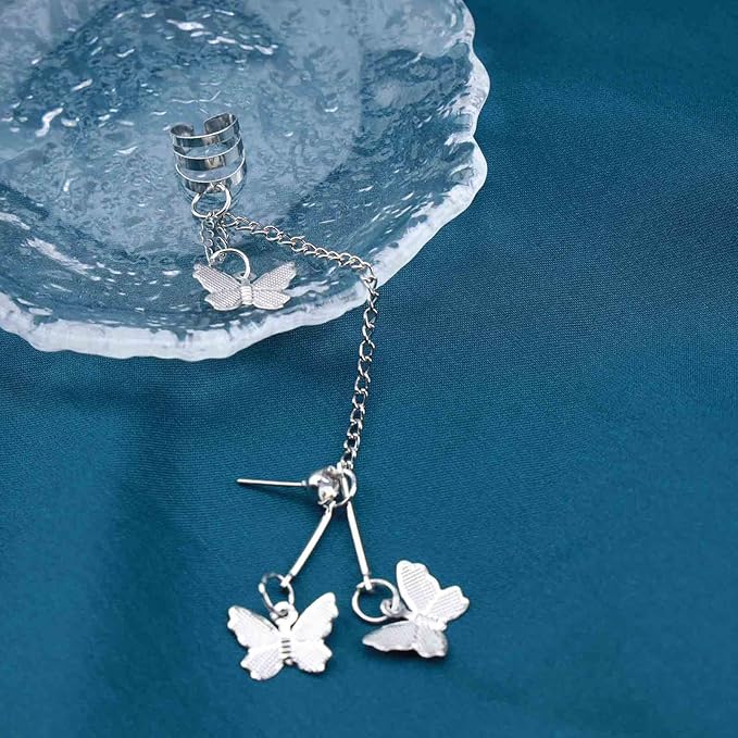 Silver Butterfly Chain Tassel Cuff Earrings