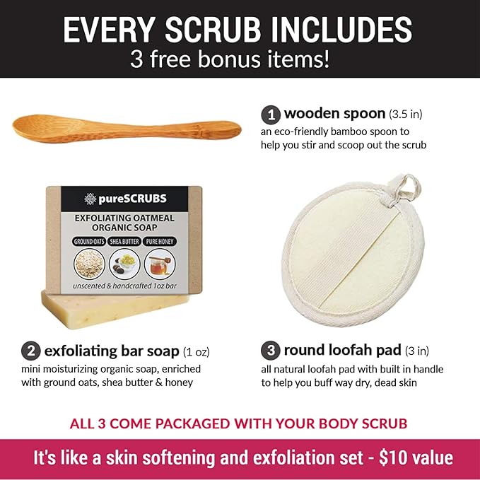 pureSCRUBS Premium Jasmine Body Scrub Set - Large 16oz Dead Sea Salt Body Scrub With Infused Essential Oils & Nutrients Includes Wooden Spoon, Loofah & Oatmeal Exfoliating Bar Soap
