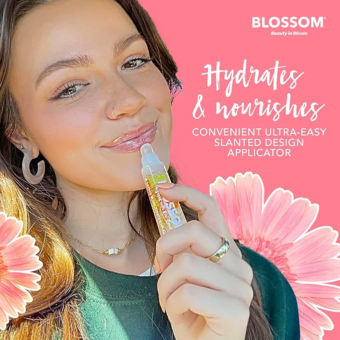 Blossom Moisturizing Lip Gloss Tubes, Roll on Perfume Oil, Natural Essential Oils, Scented Color Change Lip Balm with Real Flowers, 0.7 fl. oz/15mL, 3 Pack Gift Set, Cherry/Honey Jasmine/Turquoise