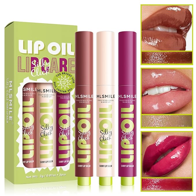 3 Colors Fat Lip Oil Slick Click Press Lipstick, Moisturizing Lip Balm Korean Shining Mirror Lip Gloss Nourishing Solid Lip Glaze, Plump Your Lips, High Pigmented Vegan Lip Oil Non-Sticky (B#)
