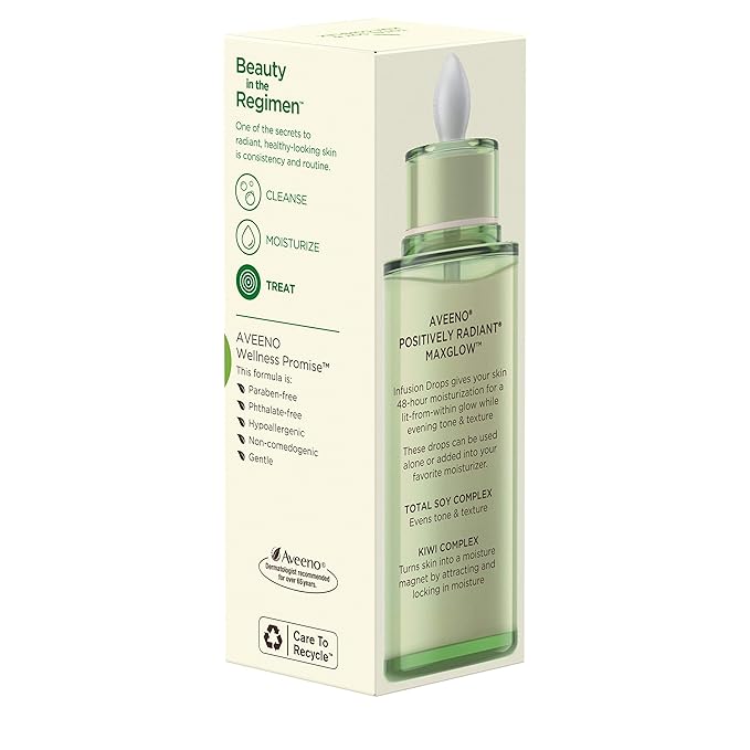 Aveeno Positively Radiant MaxGlow Infusion Drops with Moisture Rich Soy & Kiwi Complex, Hypoallergenic, Non-Comedogenic, Paraben- & Phthalate-Free Moisturizing Facial Serum, 1.35 fl. oz