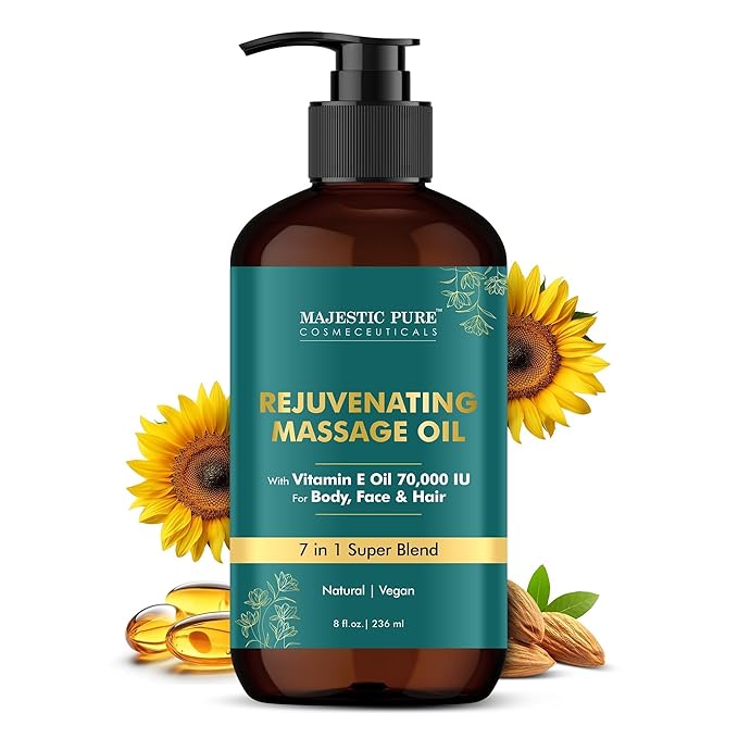 Majestic Pure Vitamin E 70k Blend Massage Oil with Sweet Almond, Jojoba, Argan, Avocado | Invigorating, Refreshing, and Relaxing | for All Skin Types - Men and Women | 8 Fl Oz