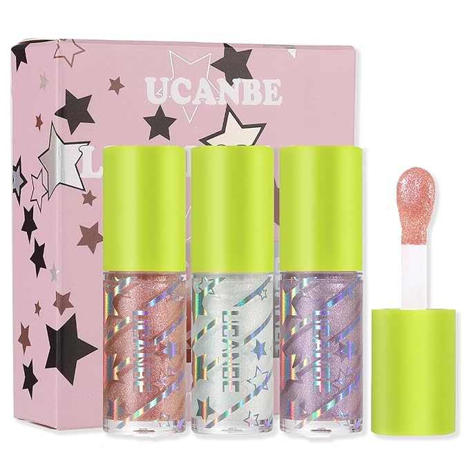 UCANBE 3 Reflective Color Lip Glow Oil - Instense High-moisture Lip Oil (Pink/Crystal/Mermaid), Luxurious Non-Sticky Mositurizing Lip Top Gloss for All-Day Wear and Comfort