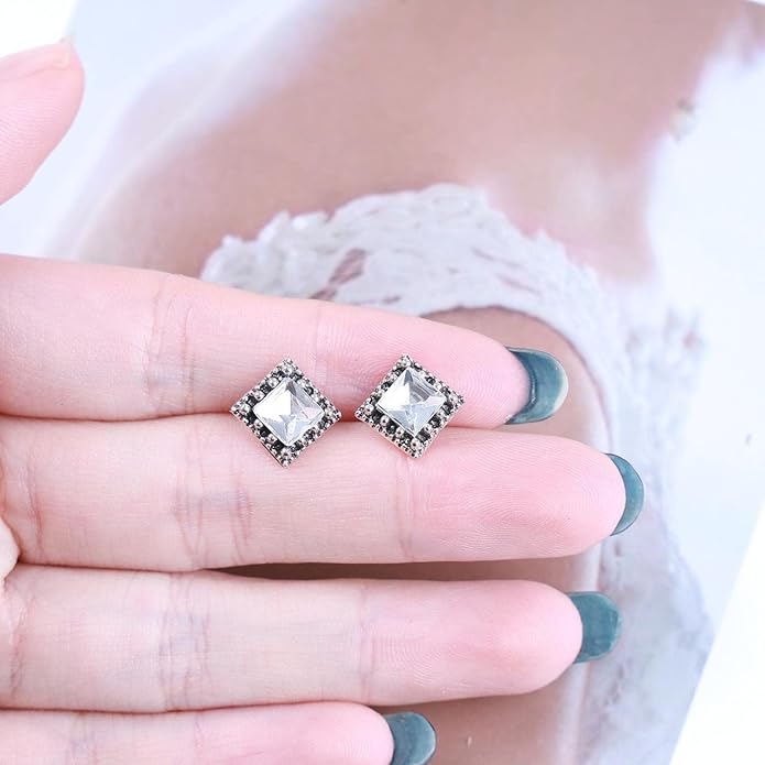 Boho Tiny Crystal Square Earrings Silver