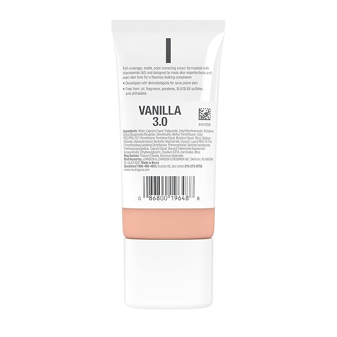 Neutrogena Clear Coverage Flawless Matte CC Cream, Full-Coverage Free, Vanilla, 1 oz