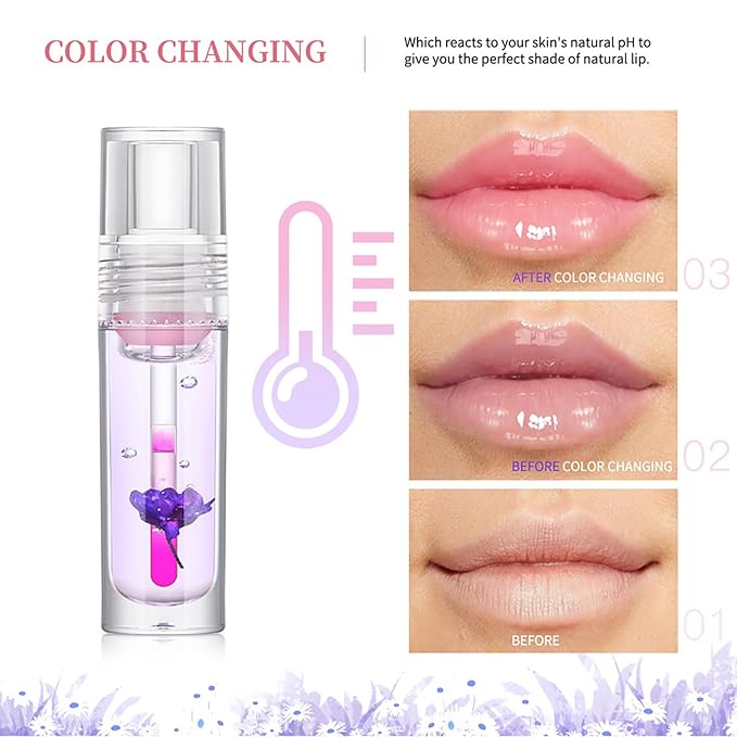 Color Change Plumping Lip Oil Set, Infuse Flowers Clear Lip Gloss for Lip Care, Natural Plant Hydrating Lip Glow Oil Toot Lip Oil, Nourishing, Non-sticky
