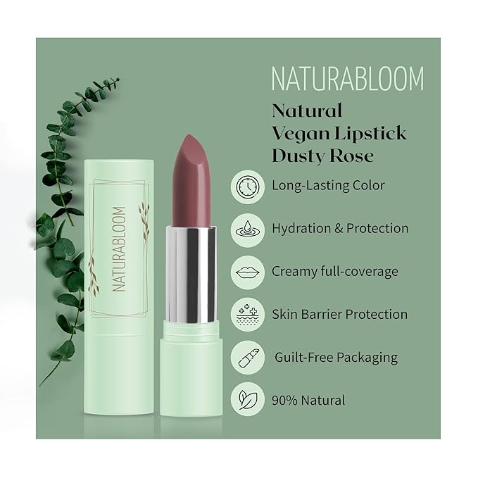 Vegan Lipstick (Dusty Rose) - Sensational One-Stroke Long Lasting Lipstick from Natural Oils & Butters Full-Coverage Lip Color w/Shea Butter & Coconut Extact - Premium Hydrating Lipsticks