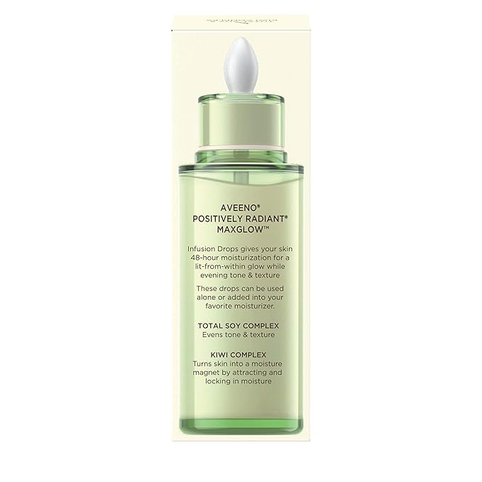 Aveeno Positively Radiant MaxGlow Infusion Drops with Moisture Rich Soy & Kiwi Complex, Hypoallergenic, Non-Comedogenic, Paraben- & Phthalate-Free Moisturizing Facial Serum, 1.35 fl. oz