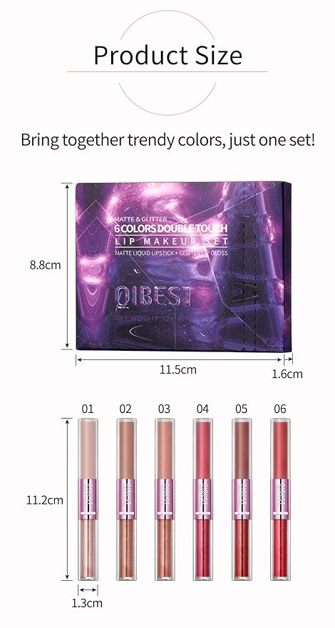 Double Head Lip Gloss Non Fading Lip Glaze Matte Mist Pearlescent Liquid Lipstick, 6-color suit