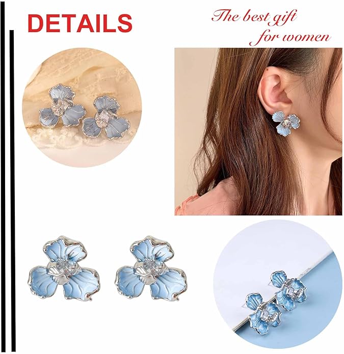 Unique Blue Flower Earrings Studs Vintage