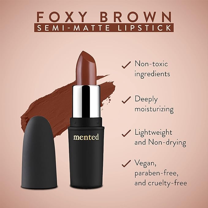 Mented Cosmetics | Semi Matte Nude Lipstick, Foxy Brown | Vegan, Paraben-free, Cruelty-free | Red and Brown, Dark, Long Lasting Lipstick