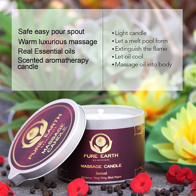 Sensual Massage Candle - Melts to Silky Oil, No Waxy Residue - Skin Moisturizing Body Massage Oil Candles (160 Grams or 6 oz.) - with Palmarosa, Ylang Ylang, Black Pepper by PURE EARTH essentials