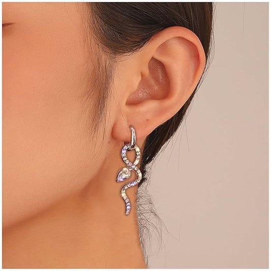 Gothic Crystal Snake Drop Earrings Silver